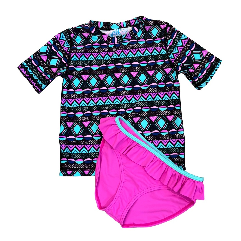 Jill Yoga GIRLS RASHGUARD TANKINI SET BLACK TRIBAL PRINT